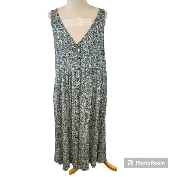 AMERICAN EAGLE Blue Floral Button Down Maxi Sleeveless Dress (L) - Picture 13 of 15